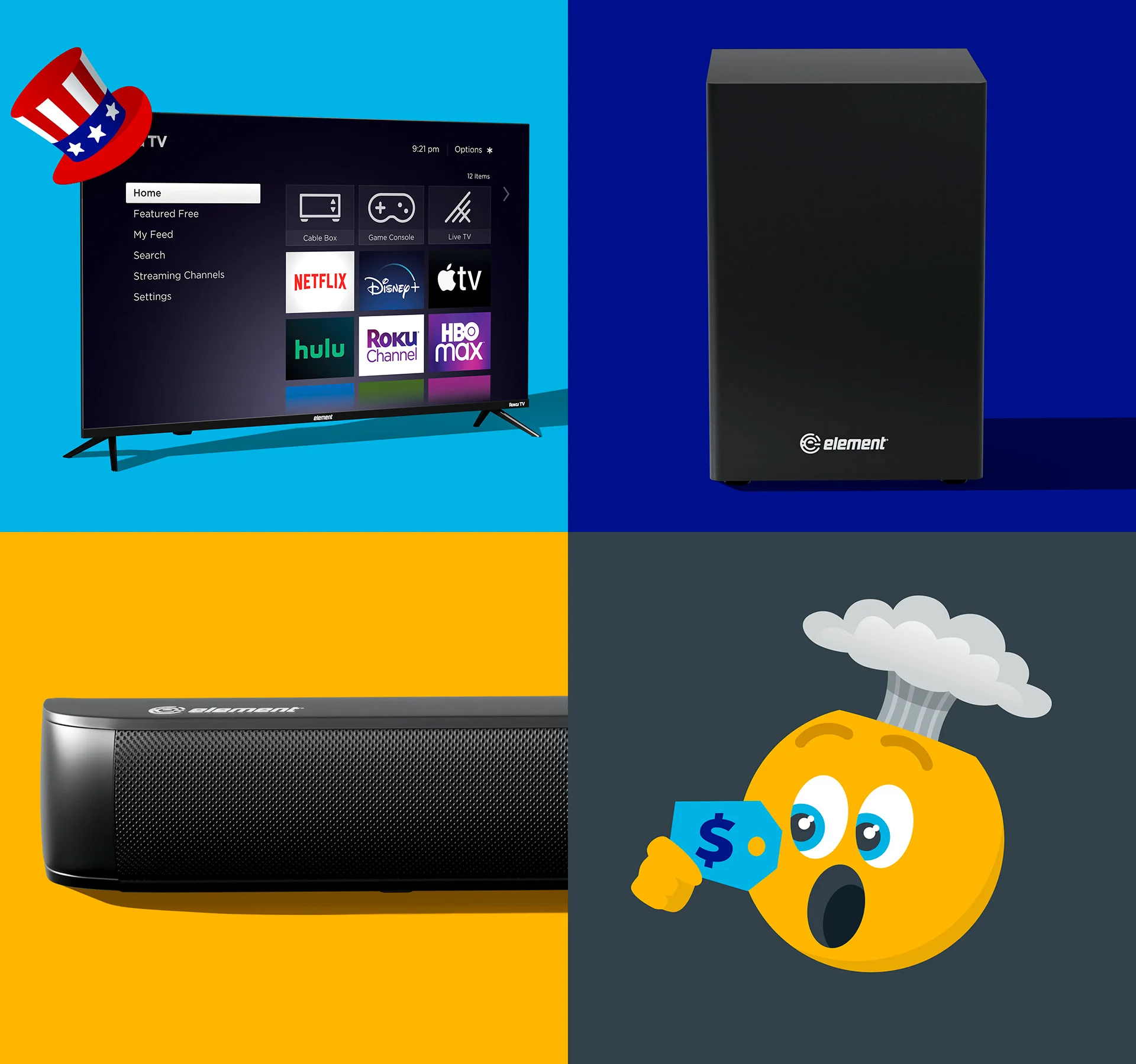 4 squares showing a TV, Speaker, sound bar, and a emoji